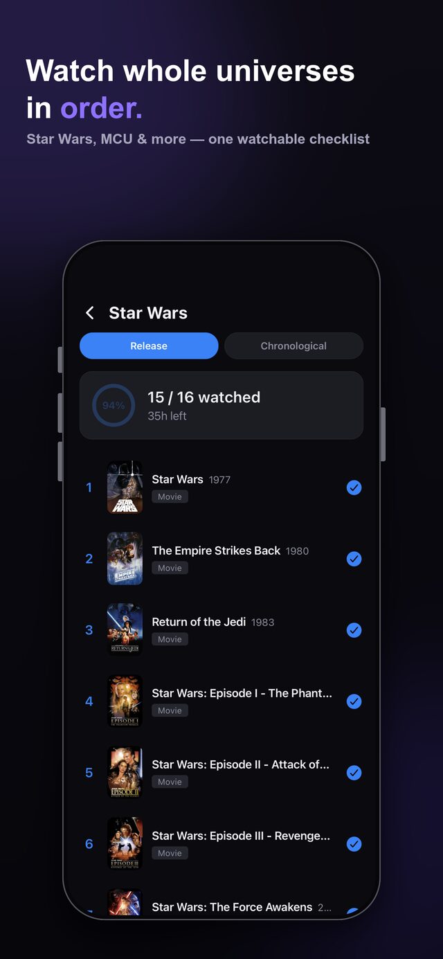 Universes — watch all of Star Wars in release order, with progress