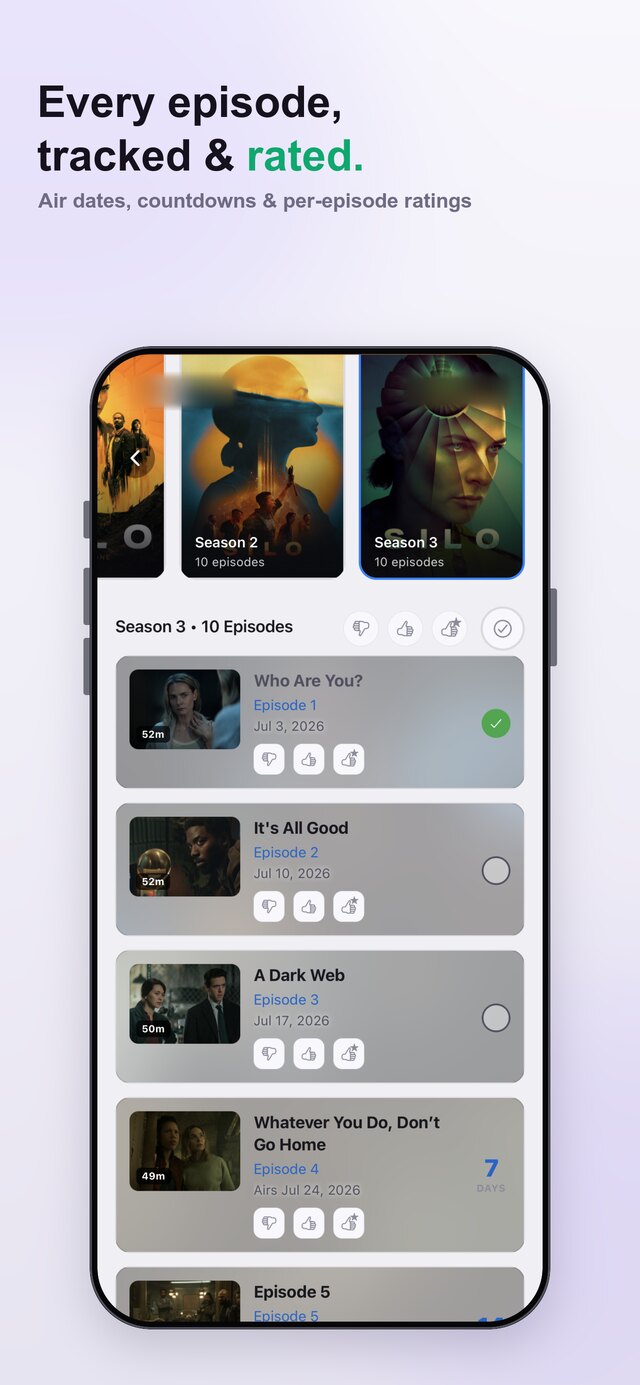 Episode tracking — air dates, countdowns and per-episode ratings