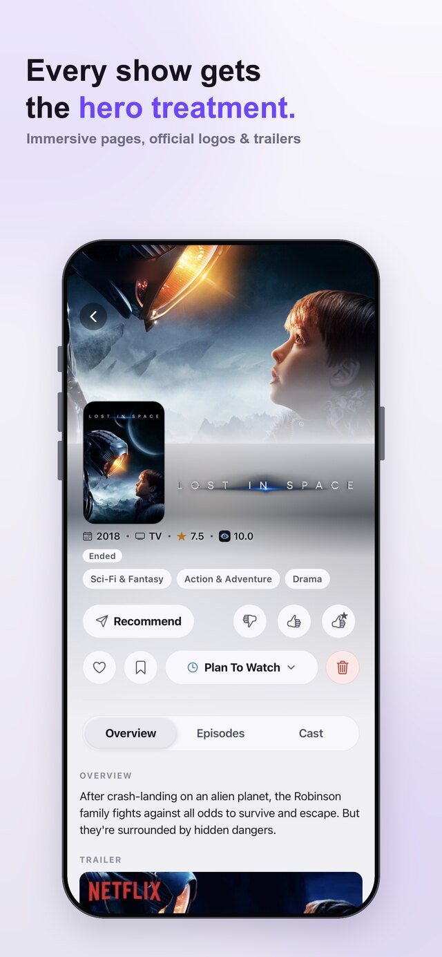 Every title — an immersive page with official logo, trailer and where to watch